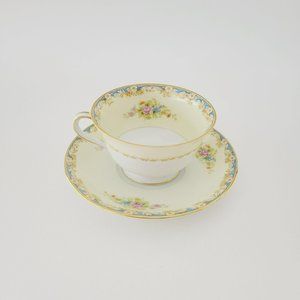 Rose China Occupied Japan RO1 Teacup & Saucer, Cream, Blue Border Floral 1945-48